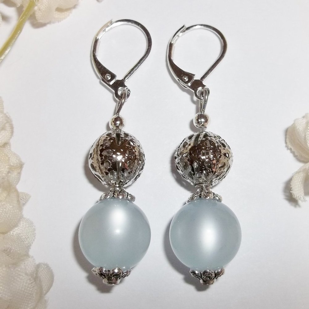 Blue Moonstone & Silver Statement Earring Dangle Drop Beaded Handmade NWT 5215